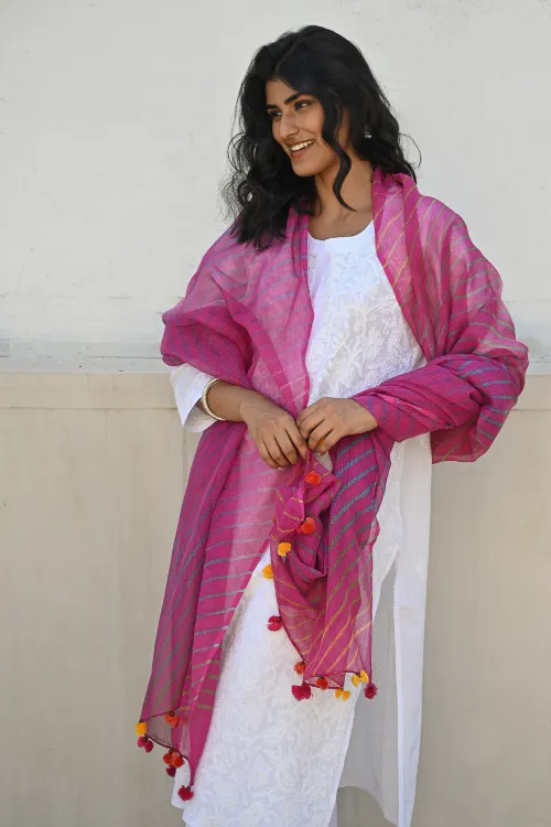 The ICH Soft Lehariya Kota Doria Cotton Dupatta - Rose Pink - Image 3