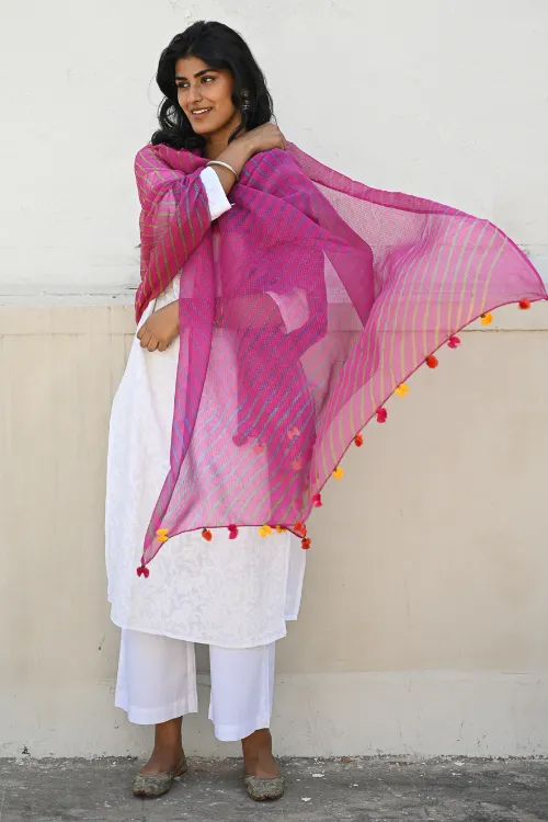 The ICH Soft Lehariya Kota Doria Cotton Dupatta - Rose Pink - Image 4