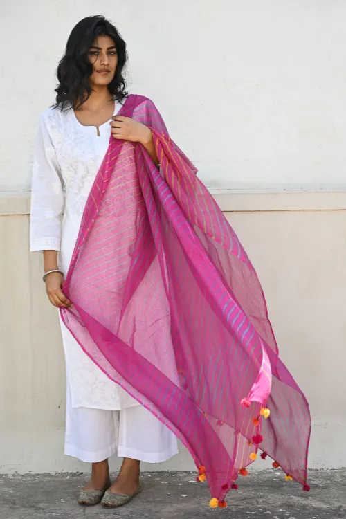 The ICH Soft Lehariya Kota Doria Cotton Dupatta - Rose Pink - Image 5