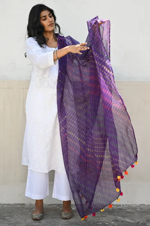 The ICH Soft Lehariya Kota Doria Cotton Dupatta - Royal Purple - Image 2