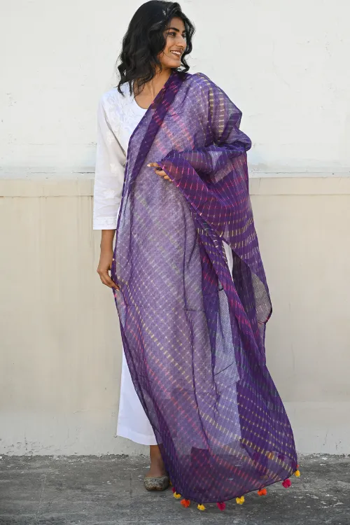 The ICH Soft Lehariya Kota Doria Cotton Dupatta - Royal Purple - Image 3