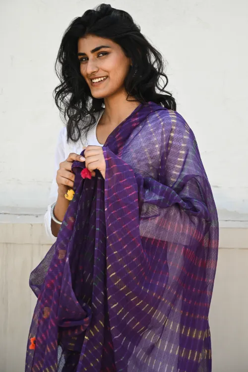 The ICH Soft Lehariya Kota Doria Cotton Dupatta - Royal Purple - Image 4
