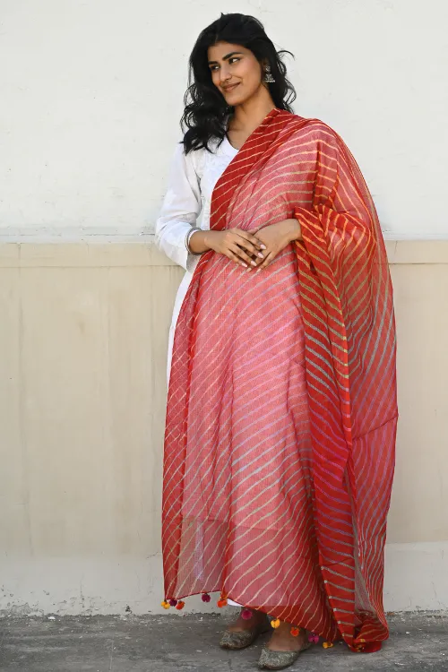 The ICH Soft Lehariya Kota Doria Cotton Dupatta - Scarlet Red - Image 2