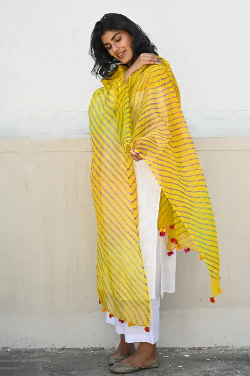 The ICH Soft Lehariya Kota Doria Cotton Dupatta - Sunshine Yellow