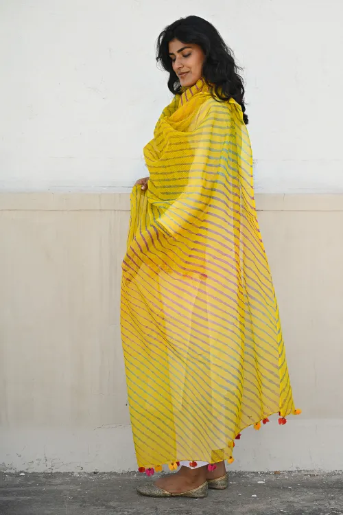 The ICH Soft Lehariya Kota Doria Cotton Dupatta - Sunshine Yellow - Image 2