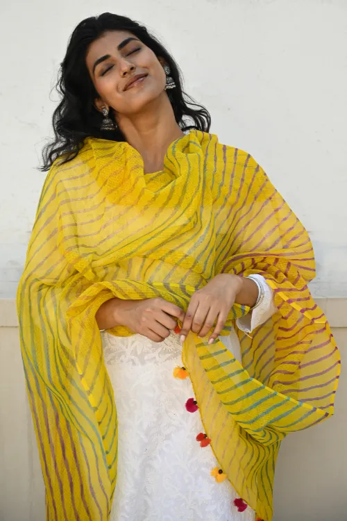 The ICH Soft Lehariya Kota Doria Cotton Dupatta - Sunshine Yellow - Image 3