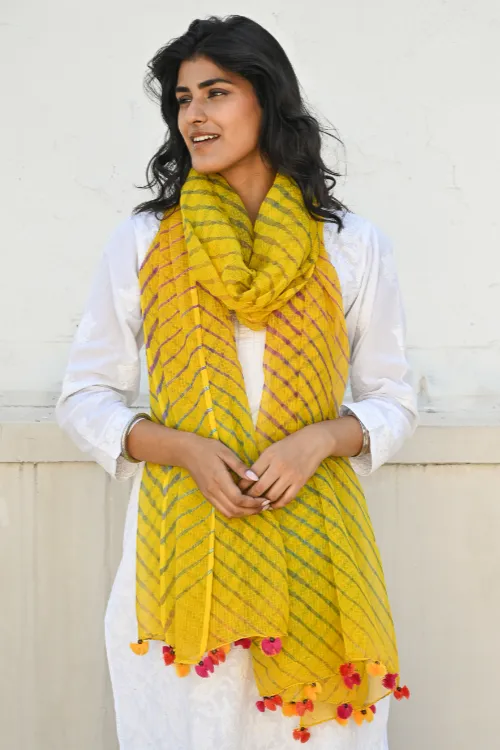 The ICH Soft Lehariya Kota Doria Cotton Dupatta - Sunshine Yellow - Image 4