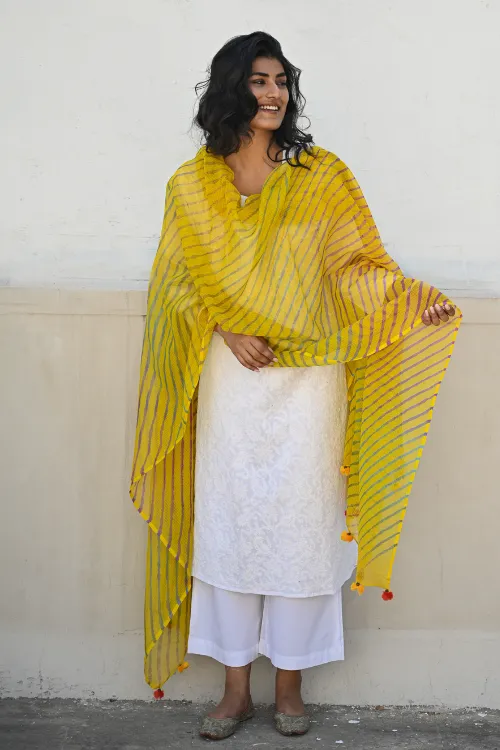 The ICH Soft Lehariya Kota Doria Cotton Dupatta - Sunshine Yellow - Image 5