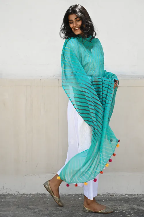 The ICH Soft Lehariya Kota Doria Cotton Dupatta - Teal Breeze - Image 2