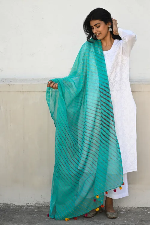 The ICH Soft Lehariya Kota Doria Cotton Dupatta - Teal Breeze - Image 3