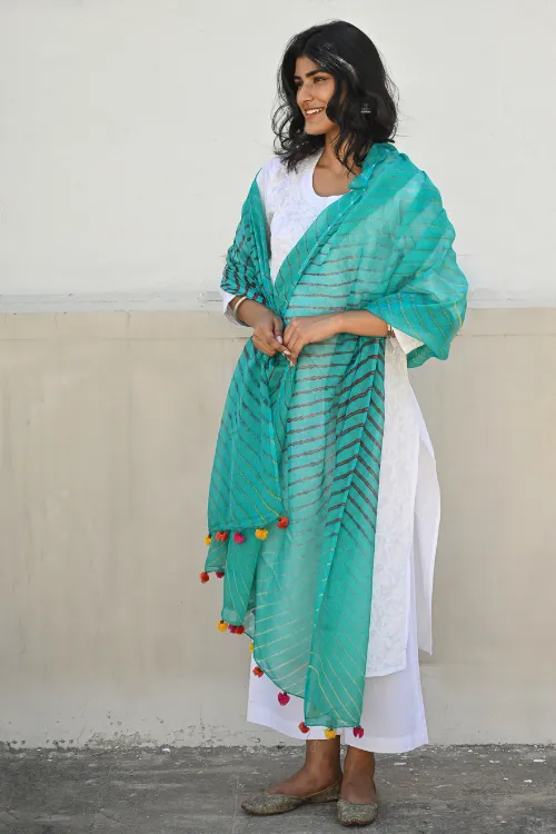 The ICH Soft Lehariya Kota Doria Cotton Dupatta - Teal Breeze - Image 4