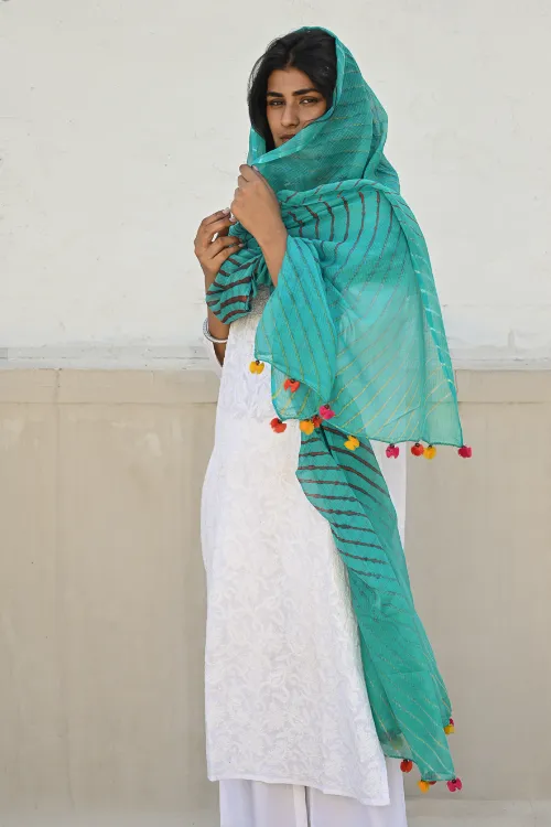 The ICH Soft Lehariya Kota Doria Cotton Dupatta - Teal Breeze - Image 5