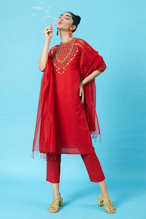 Okhai 'Thunderbird' Kutch Embroidered Kurta Pant Dupatta Set - Image 6