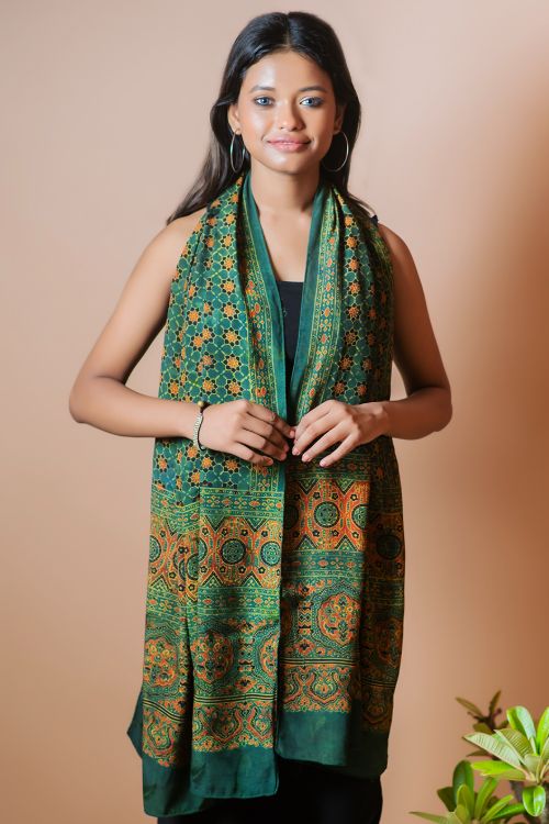 TICH Ajrakh Modal Satin Stole - Green - Image 2
