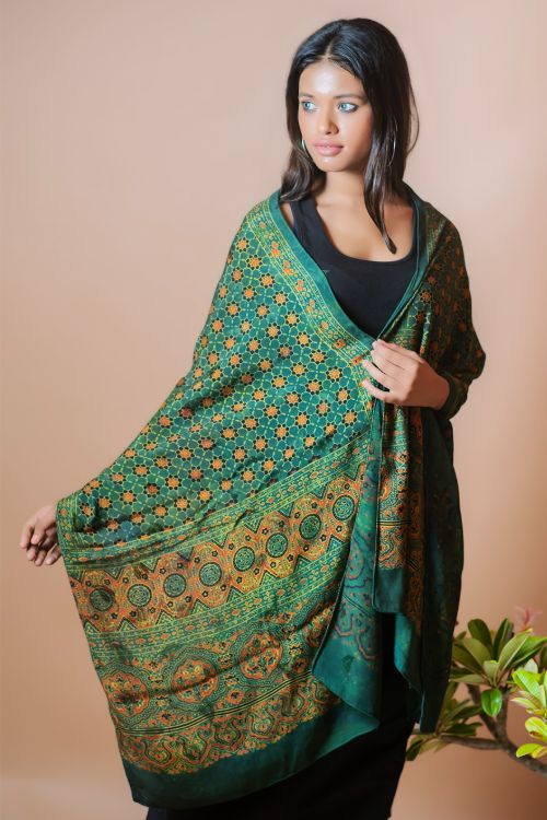 TICH Ajrakh Modal Satin Stole - Green - Image 3