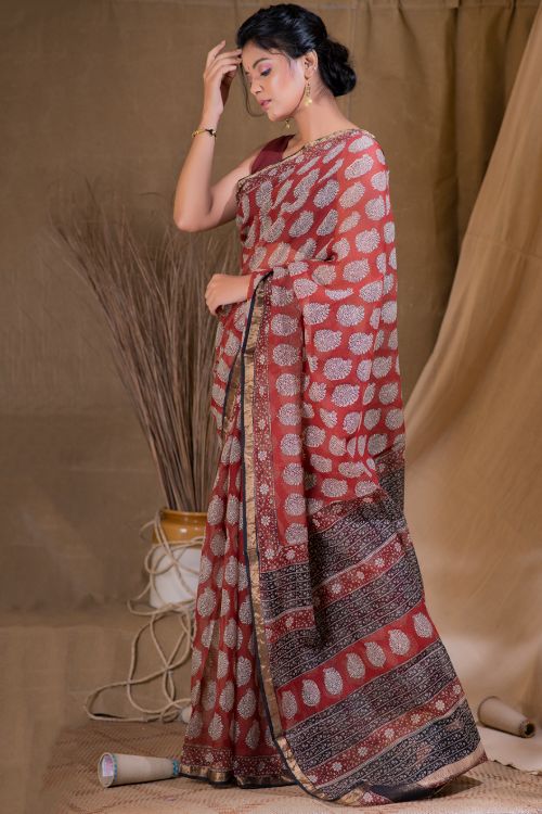 TICH Bagru Block Printed Kota & Zari Border Saree - Bouquet (Without Blouse Piece) - Image 3