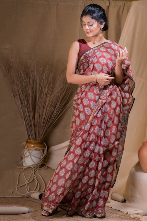 TICH Bagru Block Printed Kota & Zari Border Saree - Bouquet (Without Blouse Piece) - Image 4
