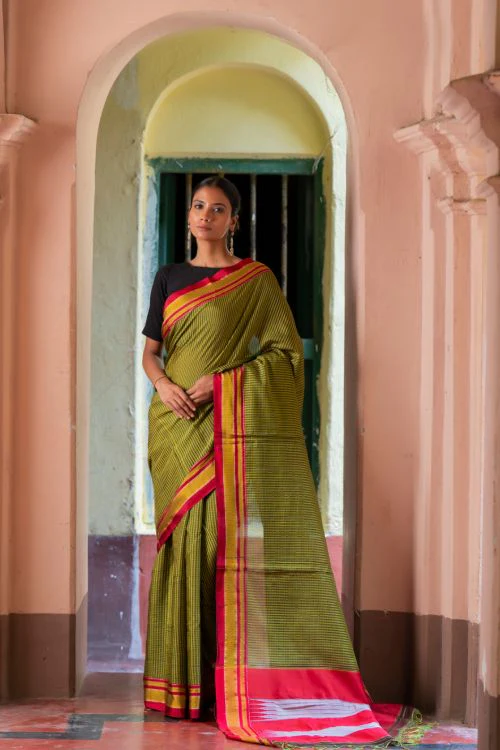 TICH Deccan Elegance. Maharashtrian Small Checks Lugadi Saree - HaldiPatta - Image 2