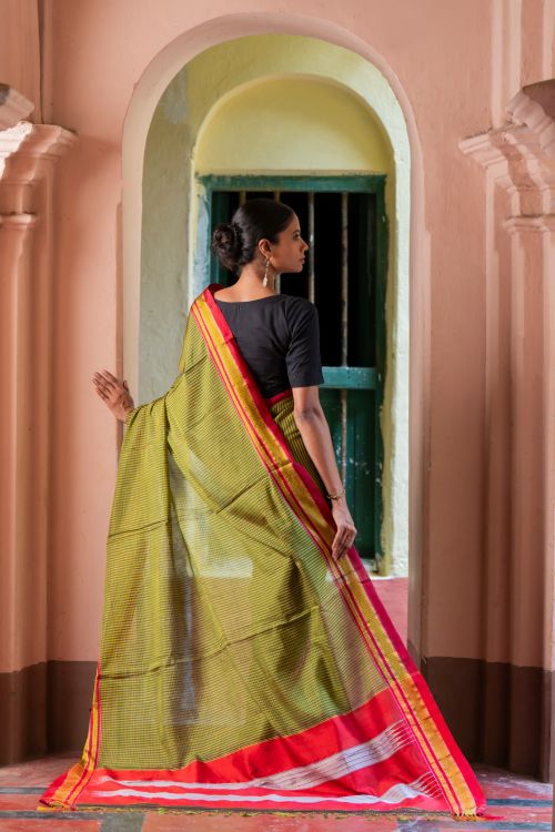 TICH Deccan Elegance. Maharashtrian Small Checks Lugadi Saree - HaldiPatta - Image 5