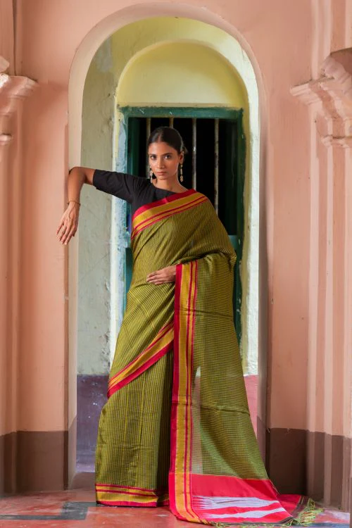 TICH Deccan Elegance. Maharashtrian Small Checks Lugadi Saree - HaldiPatta - Image 7