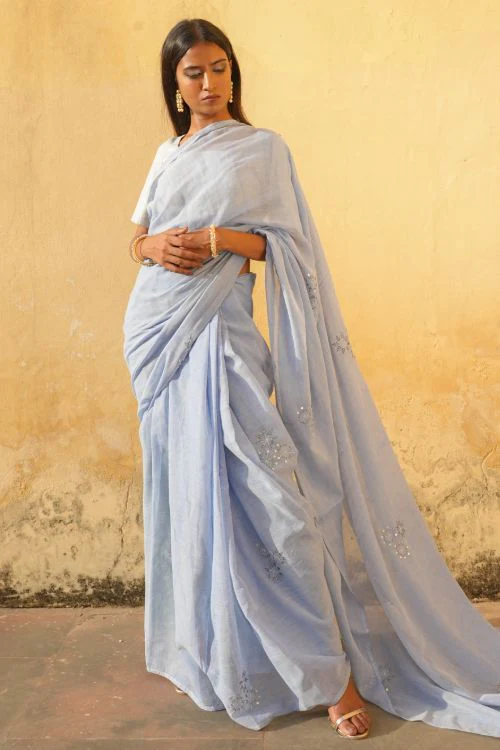 TICH Elegant, Fine, Soft Handwoven Mul & Zardozi Embroidered Saree - Snowflakes - Image 3