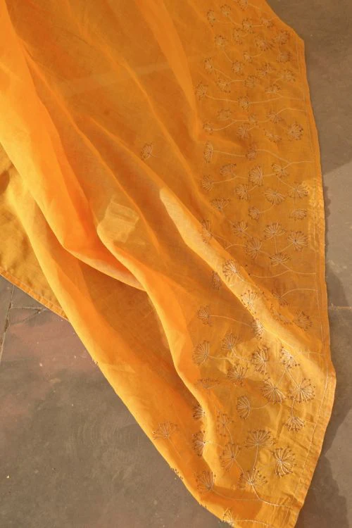 TICH Elegant, Fine, Soft Handwoven Mul & Zardozi Embroidered Saree - Yellow & Gold - Image 2