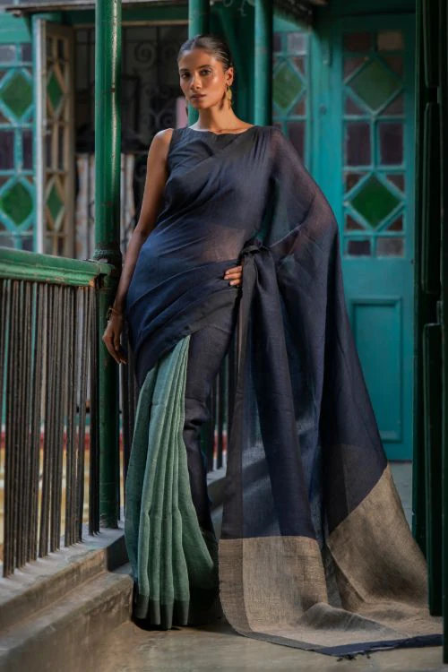 TICH Elegant Handwoven Bengal Linen Saree - Midnight Whisper