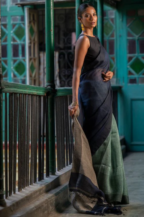 TICH Elegant Handwoven Bengal Linen Saree - Midnight Whisper - Image 11