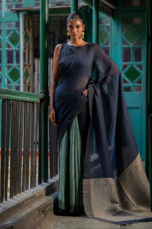 TICH Elegant Handwoven Bengal Linen Saree - Midnight Whisper - Image 4