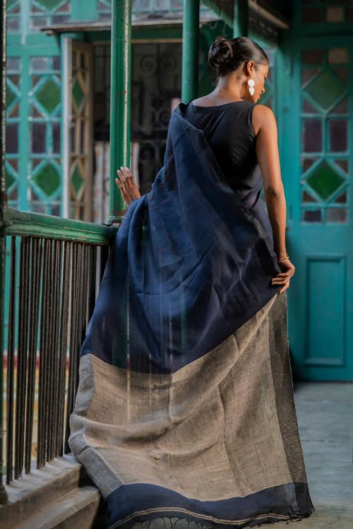 TICH Elegant Handwoven Bengal Linen Saree - Midnight Whisper - Image 6