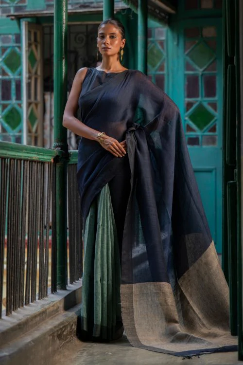 TICH Elegant Handwoven Bengal Linen Saree - Midnight Whisper - Image 7
