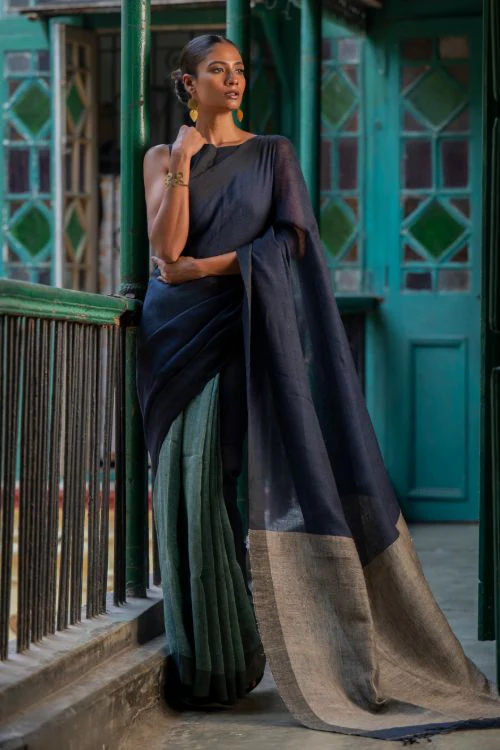 TICH Elegant Handwoven Bengal Linen Saree - Midnight Whisper - Image 9