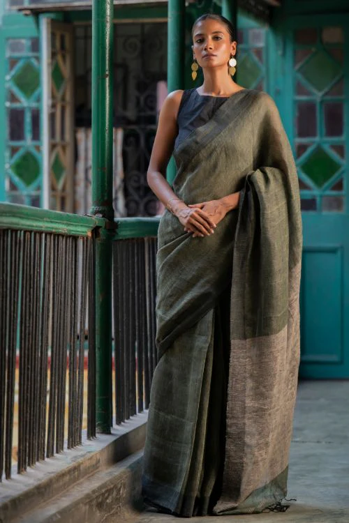 TICH Elegant Handwoven Bengal Linen Saree - Mint Moods
