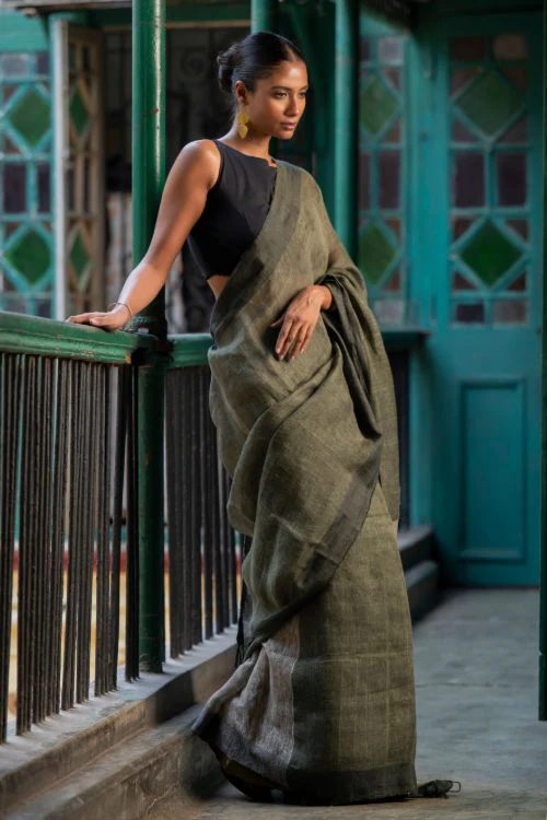 TICH Elegant Handwoven Bengal Linen Saree - Mint Moods - Image 4