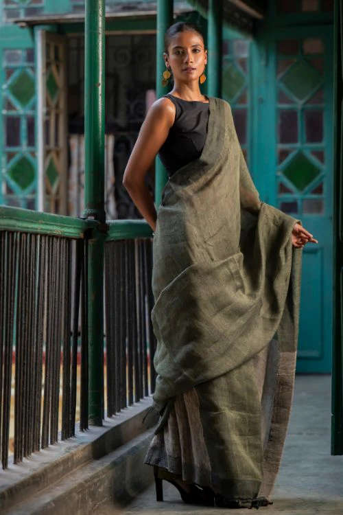 TICH Elegant Handwoven Bengal Linen Saree - Mint Moods - Image 6
