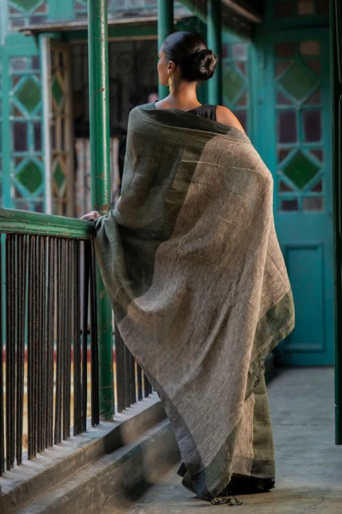 TICH Elegant Handwoven Bengal Linen Saree - Mint Moods - Image 7