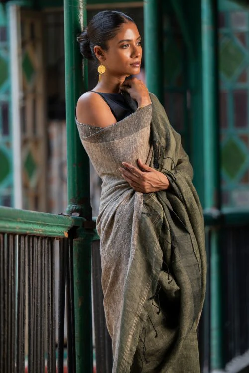 TICH Elegant Handwoven Bengal Linen Saree - Mint Moods - Image 8