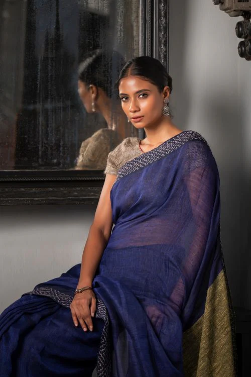 TICH Elegant Kantha Embroidered Handwoven Bengal Linen Saree - Blue Elegance - Image 4