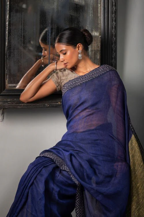 TICH Elegant Kantha Embroidered Handwoven Bengal Linen Saree - Blue Elegance - Image 5