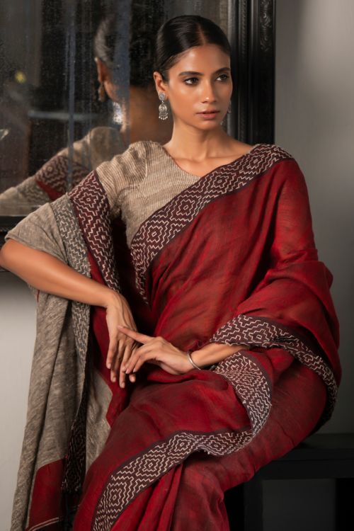 TICH Elegant Kantha Embroidered Handwoven Bengal Linen Saree - Rosebay - Image 2