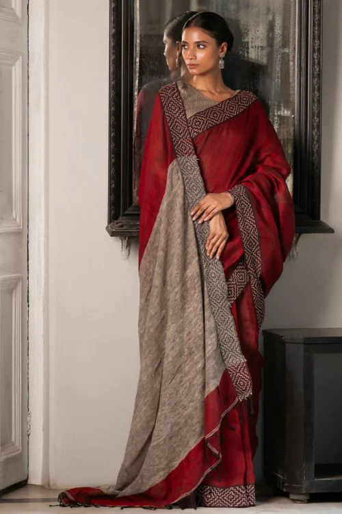 TICH Elegant Kantha Embroidered Handwoven Bengal Linen Saree - Rosebay - Image 6