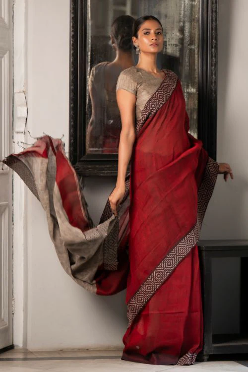 TICH Elegant Kantha Embroidered Handwoven Bengal Linen Saree - Rosebay - Image 8