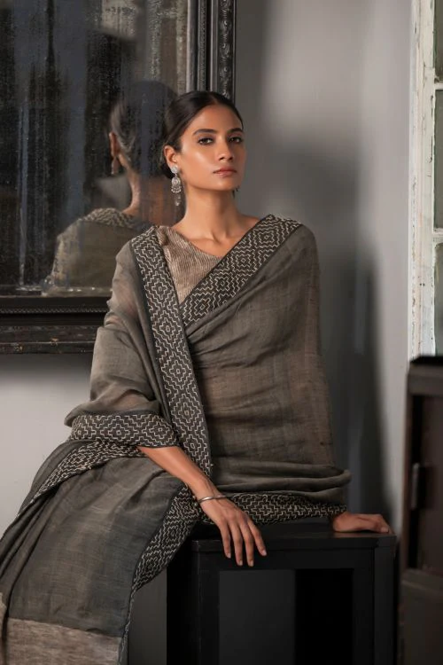 TICH Elegant Kantha Embroidered Handwoven Bengal Linen Saree - Smokeleaf - Image 7