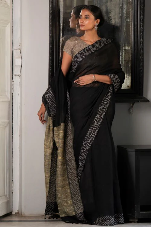 TICH Elegant Kantha Embroidered Handwoven Bengal Linen Saree - Twilight Draft - Image 2