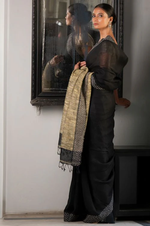 TICH Elegant Kantha Embroidered Handwoven Bengal Linen Saree - Twilight Draft - Image 4