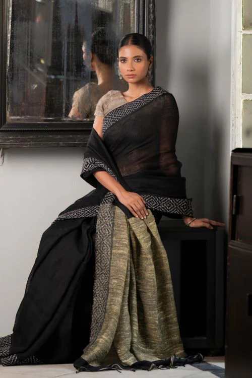TICH Elegant Kantha Embroidered Handwoven Bengal Linen Saree - Twilight Draft - Image 5