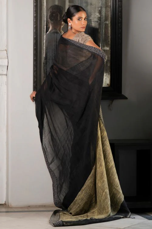 TICH Elegant Kantha Embroidered Handwoven Bengal Linen Saree - Twilight Draft - Image 7
