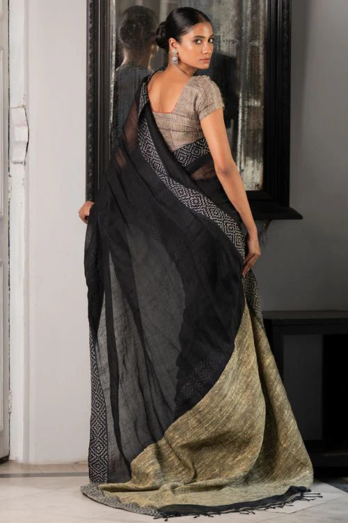 TICH Elegant Kantha Embroidered Handwoven Bengal Linen Saree - Twilight Draft - Image 8