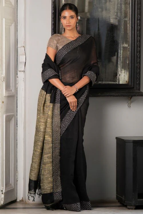 TICH Elegant Kantha Embroidered Handwoven Bengal Linen Saree - Twilight Draft - Image 9