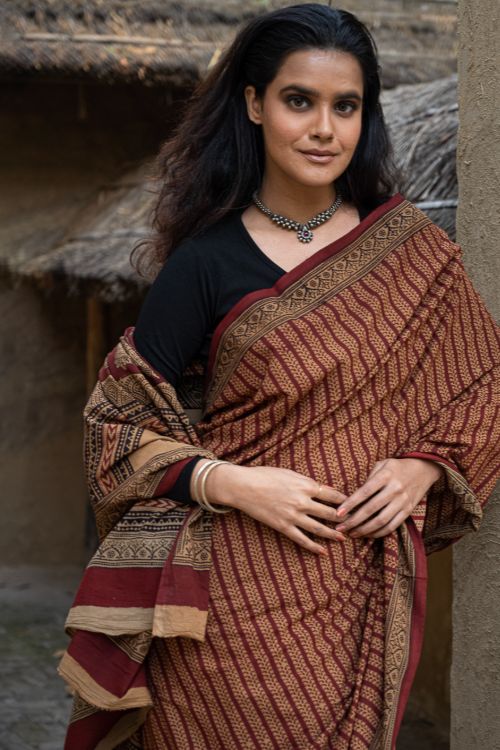 TICH Exclusive Bagh Hand Block Printed Cotton Saree - Mustard Vines - Image 5